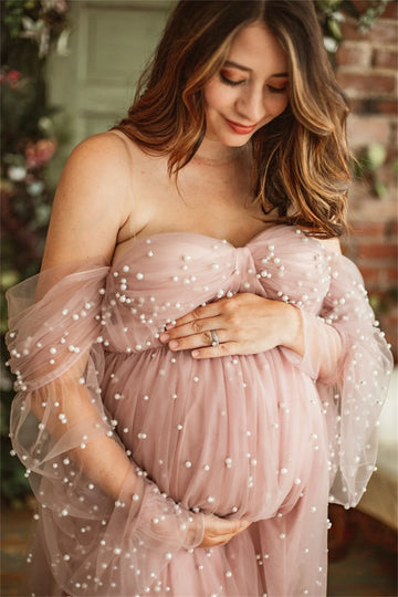 MQTIME  -  Romantic Pink Maternity Dresses For Babyshower Sweetheart Pearl Tulle Maternity Gown Photography Pregnancy Women Long Dress